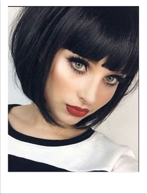 Bob hairstyles with bangs - 2. A-Line Bob with Side-Swept Bangs. The angled bob is known for being a low-maintenance haircut, making it an excellent choice for those seeking a new and stylish hairstyle. With a haircut like this, you will look younger and more attractive, not to mention that it will flatter your face shape.